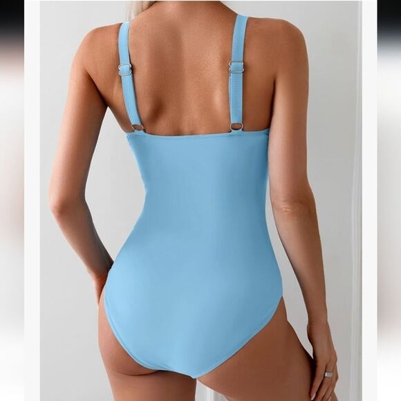 Light Blue One-Piece Swimsuit with Multicolor Waistband - Picture 3 of 6